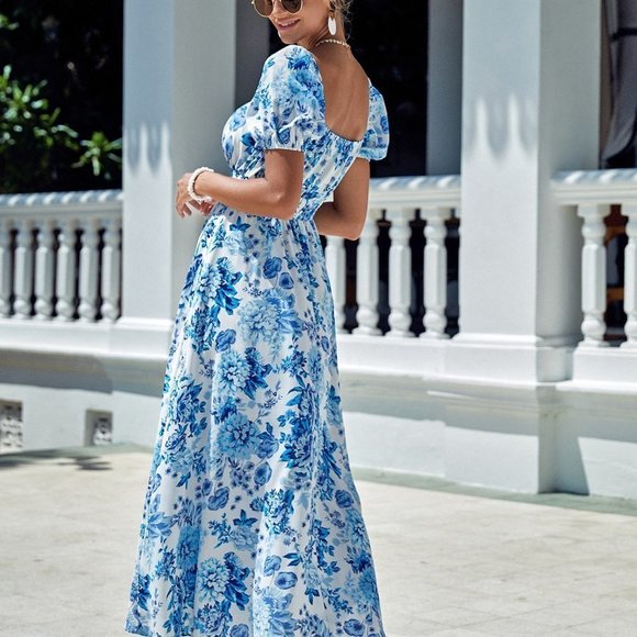 Blue Boho Womens Floral Print Square Neck Puff Sleeve Dress - Picture 2 of 5